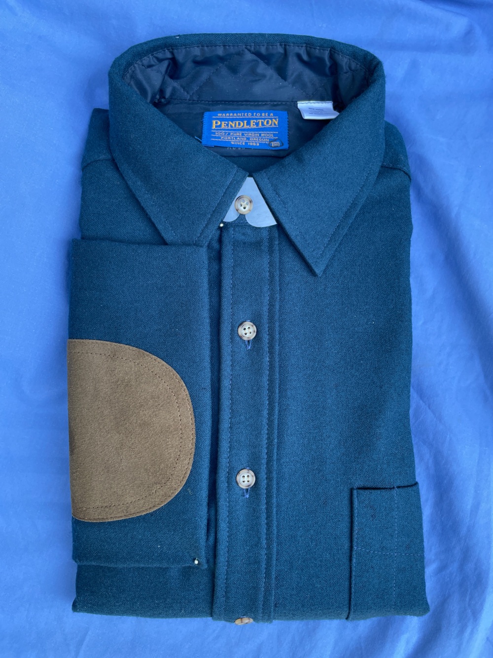 Pendleton Wool Long Sleeve Shirt NWT Men’s Size Medium, Blue w/Tan Elbow Patches